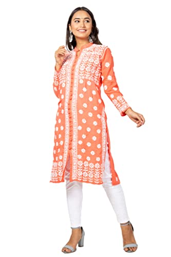 Image of FAWOMENT Women's Hand Embroidered Exclusive Rayon Kurta with Fine Lucknowi Chikankari Kurta Front Open Rose Kurta Women and Girl