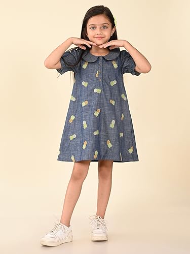 Image of LILPICKS Pineapple Applique Button Down A-line Denim DressFor Girls (Blue)