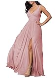 Fashionbride Women's V-Neck Long Bridesmaid Dress Split Chiffon Pleated A-line Formal Evening Gowns...