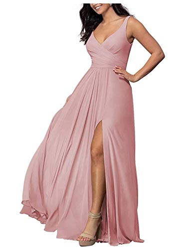 Fashionbride Women s V-Neck Long Bridesmaid Dress Split Chiffon Pleated A-line Formal Evening Gowns ED308 Dusty Rose-US10