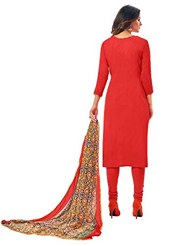 Image of AKHILAM Women's Chanderi Cotton Embroidered Unstitched Salwar Suit Material(Red 32DMK80 Parent)