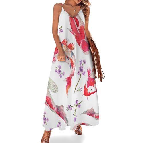Robe longue fleur de carpe rouge femme été sans manches style maxi plage et vacances
