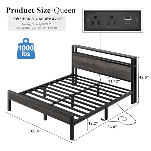 Image of LOEWAY Queen Size Bed Frame with Storage Headboard and LED Lights, Industrial Platform Bed with Charging Station, Heavy Duty Metal Slats, No Box Spring Need, Noise Free, Grey