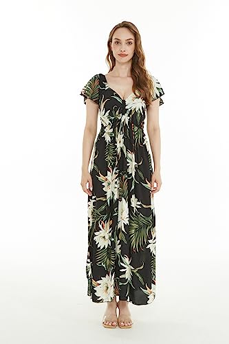 Image of Family Matching Hawaiian Clothes, Wispy Cereus Black | Lightweight 100% rayon • Family matching outfits • Tropical floral print • Beach vacations • Luaus • Cruises • Family photos