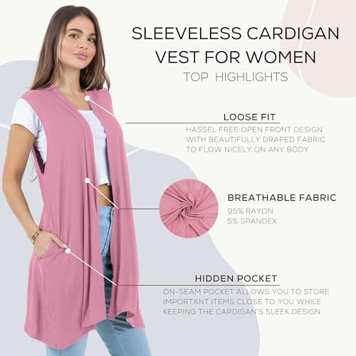 Image of Azules Sleeveless Long Cardigan for Women with Pockets - Lightweight Open Front, Flowy Dressy Layer for Work or Casual Wear