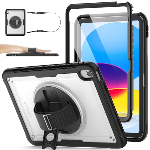 SEYMAC stock iPad A16 第11世代11インチ/第10世代10.9インチ専用ケース 耐衝撃 Gフック式ハンドストラップ 360°回転スタンド ペン収納 ショルダーストラップ フィルム付き前面フレーム 全面保護カバー (ブラック+背面クリア)