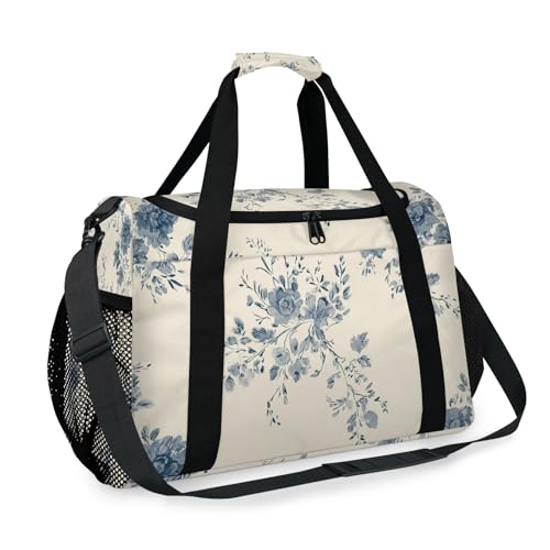 Flowers Blue Watercolor Retro Travel Duffel Bag Weekender Overnight Bags for Women Men Foldable Waterproof Tote Bag with Trolley Sleeve2
