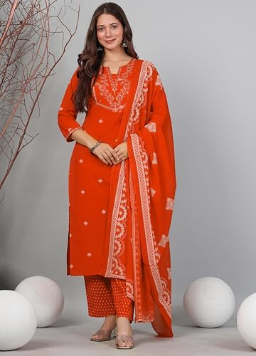 Image of Amayra Women's Pure Cotton Embroidered Straight Kurta Set with Palazzo Pants & Dupatta- Ethnic Wear