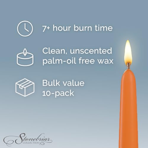 Image of Stonebriar Unscented Taper Candles - 7 Hour Burn Time, Long-Lasting Wax Candles for Weddings, Holidays, Home Decor & Special Events, Pack of 10, Orange, 10 inch