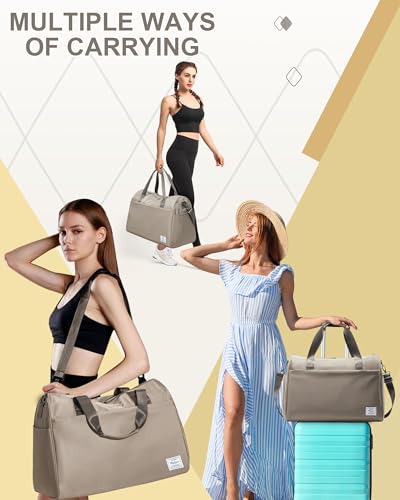 Image of Travel Duffel Bags for Women Mens, Weekender Bag with Shoe Compartment Carry on Overnight Bag with Laptop Compartment Personal Item Travel Bag Gym Bag Hospital Bag Khaki