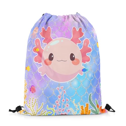 Erosebridal Cute Cartoon Axolotl String Backpack 13X15.7 Kawaii Axolotl Drawstring Bags Sparkle Mermaid Fish Scale Draw String Back Bag Shell Crab Coral Drawstring Backpack for Camping Traveling Trip