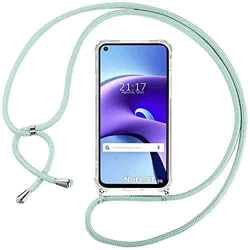 Ingen Funda con Cuerda para Xiaomi Redmi Note 9T, Carcasa Transparente TPU Suave Silicona Case con Correa Colgante Ajustable Collar Correa de Cuello Cadena Cordón - Verde Cover