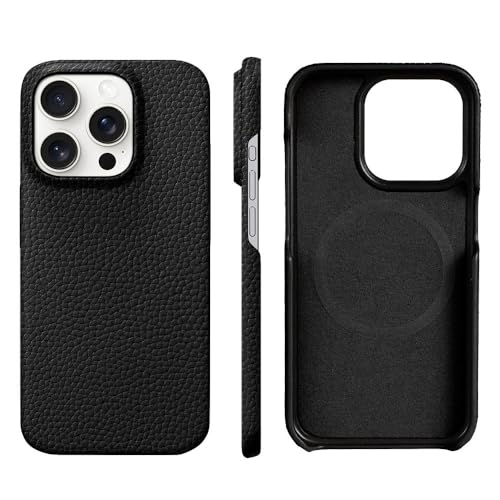 Coque iPhone 15 Pro Max en cuir de vache véritable noir litchi luxe protection chic