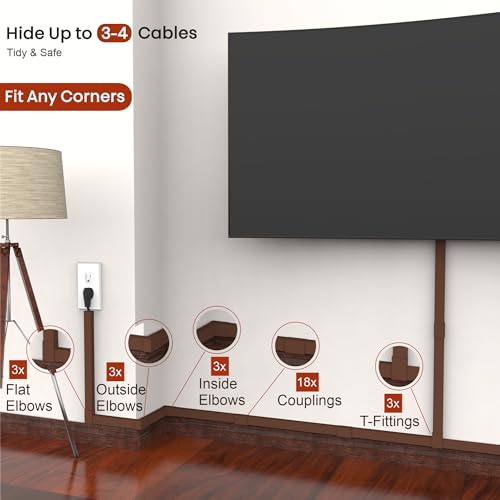 Image of Brown Cable Cover Cord Concealer - 315in Wire Raceway, Hide Cables, Channel Kit, Wall Mount Cover, Hiding Strip, Management, Conduit, Molding