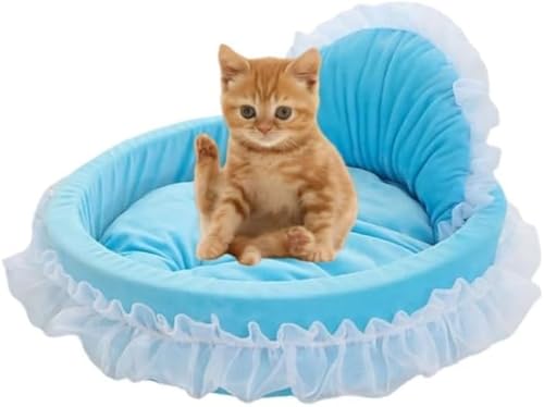 YYKSYDPT かわいい猫ベッドハート型の猫ベッドレースプリンセスベッドコットンベルベット暖かくて柔らかい猫ソファベッドは、猫と犬が暖かい冬を過ごすのに適しています (ブルー, S)
