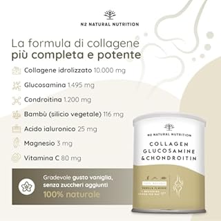 GLUCOSAMINA 1500mg + CONDROITINA 1200mg + COLLAGENE IDROLIZZATO 10.000mg + Acido Ialuronico + Vitamina C. Protezione della Cartilagine e la Cura delle Articolazioni, Pelle e Ossa. N2 Natural Nutrition