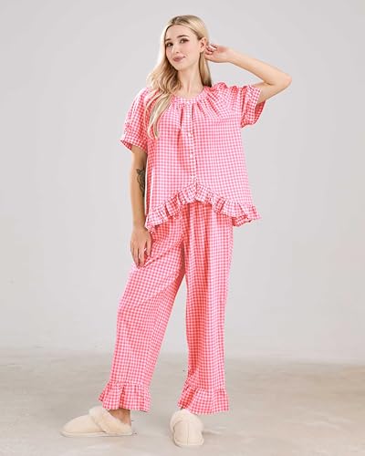 Image of codcm Womens Gingham Pajama Set 2 Piece Short Sleeve Babydoll Shirt and Pants Lounge Set Cute Sleepwear