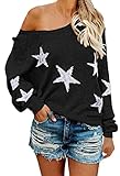 COCOLEGGINGS Women's V Neck Long Sleeve Star Sweater Jumper Pullover Black XL