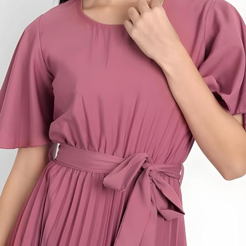 Image of KUDUZO Women's Crepe Long Pleated Below Knee Length Flutter Sleeve Round Neck S to XL Maxi Dress for Girls. (EG-U0IM-B9A1)