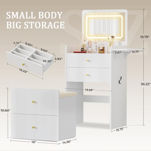 Image of COMHOMA Makeup Vanity Desk with Mirror and Lights, Small 3 in 1 Vanity Table with Visible Glass Top, Flip Top & 3 Drawers, Compact Dressing with Storage Stool for Room or Office