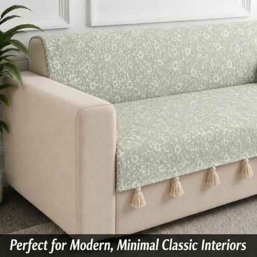 Image of STITCHNEST 'Verdant Phool Stories' 2 Seater Sofa Cover - Full Coverage| Elegant Jacquard Fabric, Decorative Tassels, Washable & Durable for Modern Living