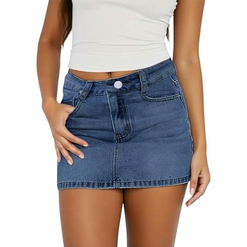 Womens Denim Skirt Mini Stretch Casual Jean Skirt Zip Fly Y2K Cute Skorts for Women with Pockets