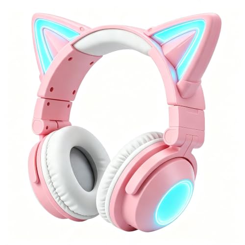 Image of Cat Ear Bluetooth Headphones, Over Ear Wired Headphones with LED Lights, Foldable Wireless Headset with Built-in Mic, Compatible with Phone /PC /Tablet /TV (Pink) | Toddler Girl Headphones, Bluetooth Over Ear Headphones with Microphone,Foldable,Phone /PC /Tablet /TV Compatible,Pink