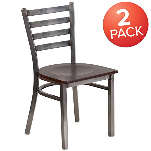 Image of Flash Furniture 2 Pack HERCULES Series Clear Coated Ladder Back Metal Restaurant Chair - Walnut Wood Seat