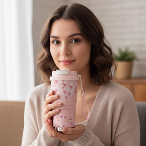 Image of Spiaty Summer Garden Floral Travel Mug with Strap, White Roses Design,500 ml Insulated Coffee Cup with Lid Leak-Proof Thermos Mug for Coffee, Tea, Hot or Cold Beverages