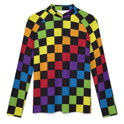 Rainbow LGBT Checkered Men's Rash Guard Long Sleeves Quick Dry Fishing Workout Shirts with Zipper3