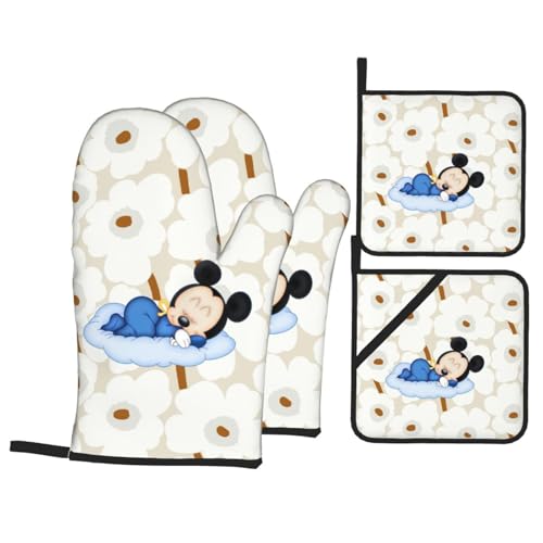 ミッキー 花柄 ベージュ 【4点セット】鍋つかみ ミトン オーブンミトン 鍋敷き 耐熱鍋つかみ 耐熱ミトン 耐熱グローブ やけど防止 アウトドア用 業務用 クッキング用 左右兼用 男女兼用 アニメ キャラクター