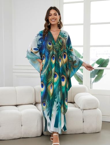Image of KECVOT Kaftan Dresses for Women Plus Size Batwing Sleeve Caftans Long Bathing Suit Cover Up Maxi Beach Dress Loungewear