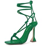 Shoe Land SL-Melody Women's Lace-Up Heels, Dressy Strappy High Heel Sandals, Square Open Toe with Tie-Up Ankle Wrap – Stiletto Heels for Prom, Party, and Wedding, 1901Green, Size 8.0