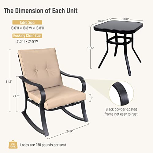 Solaura 3-Piece Outdoor Rocking Chairs Bistro Set, Black Iron Patio Furniture With Brown Thickened Cushion & Glass-Top Coffee Table #TOP4