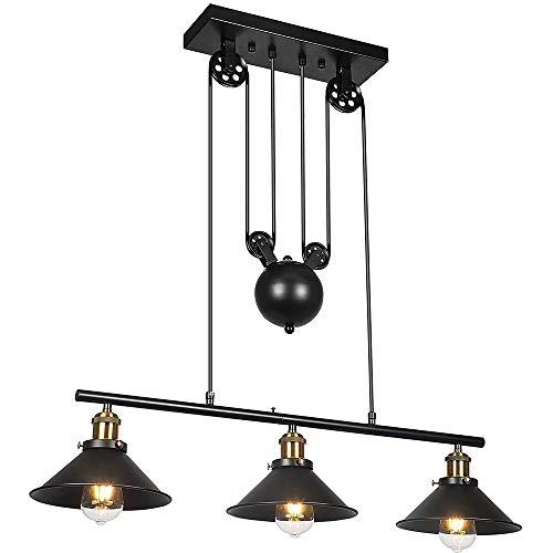 Lustre industriel rétro 3 lampes avec poulies réglables pour suspension vintage de salle à manger