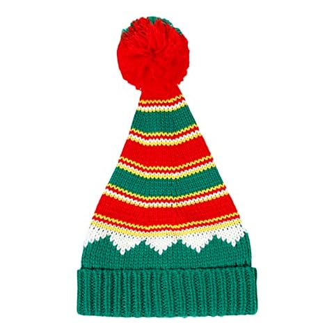 Unisex Christmas Elf Knitted Hat Winter Warm Funny Beanie Hat with Pompom for Kids AdultFestive Holiday Party (Green Edge, Adult) Cover