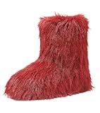 Haifago Women's Faux Fur Boots Furry Fluffy Mid-Calf Winter Snow Boot, Fashion Fuzzy Round Toe Warm Booties for Shopping Travel