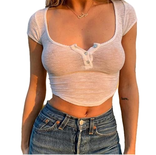 Women Sexy See Through Crop Top Cap Sleeve Low Cut Button Front Shirts Slim Fit Pullover Tops