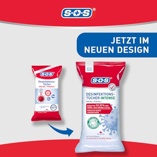 SOS Desinfektionstücher INTENSE für Hände + Flächen | biologisch abbaubar | beseitigen 99,99% der Bakterien, Pilze und Viren* (z.B. Herpes- Grippe- und Noroviren) | 10x25