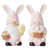 DN DECONATION Easter Decorations Gnomes Bunny Figurines Set, 2-Pcs Pink Resin Rabbit Ear Gnome with Heart Polka Dot Easter Egg Basket, Mini Easter Decorations Gnomes Bunny Figurines Set