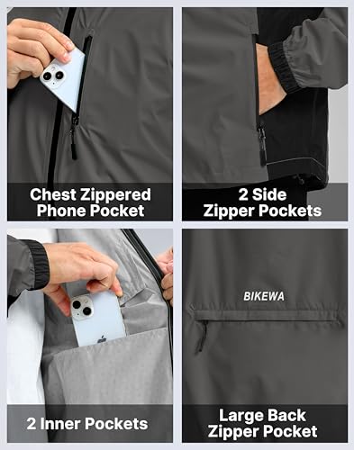 Image of Bikewa Men's Cycling Rain Jackets Waterproof Running Bike Windbreaker Lightweight Packable Hooded Jacket