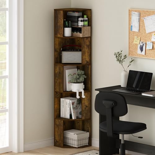 Image of Furinno ECON Corner Shelf, 5-Tier Corner Book Shelf, Standing Storage Shelves, Cube Display Rack, Bookshelf, for Organization and Storage, Living Room, Home Office, Amber Oak