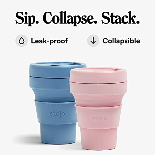 Stojo Collapsible Travel Cup Bundle - Carnation Pink and Steel, 12oz / 355ml - Reusable To-Go Silicone Cup Set