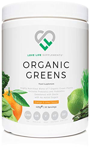 Organic Greens de LLS | 405 g - 30 porciones | Contiene 7 ingredientes orgánicos: inulina, repollo negro, espirulina, espinacas, mariscos, hierba de trigo, chlorella más Lactospore® (naranja y lima)