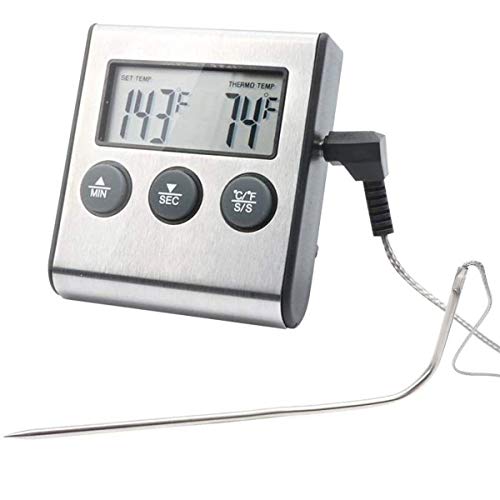 Thermomètre numérique à viande d'four & Chronomètre, grande LCD Thermomètre alimentaire de cuisine numérique avec sonde, acier inoxydable lecture instantanée Grill / thermomètres de rousseur pour la cuisine de four extérieur fumée BBQ Turquie, Argent