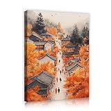 日本古代の秋のシーンアートキャンバスウォールアートカエデの木村のコテージキャンバスプリント寝室の家の壁の装飾60x72cmインナーフレームの写真