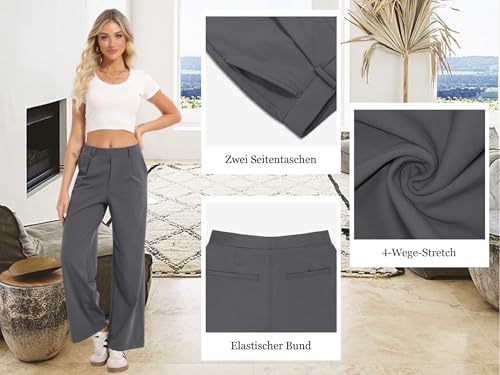 Oyamiki 7/8 Hose Damen Weite Stoffhose Freizeithose Kurzgröße Herbst Hohe Taille Business Elegante Damenhose mit Taschen Dunkelgrau S