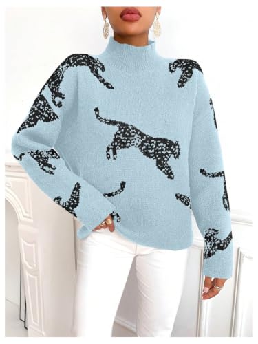 Image of WDIRARA Women's Leopard Tiger Print Sweater High Neck Long Sleeve Fuzzy Knitted Pullover Top