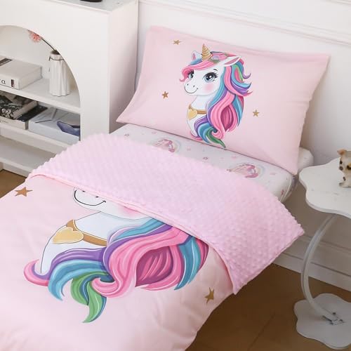 Image of 4 Piece Toddler Bedding Set - Ultra Soft Breathable Toddler Bedding Set for Girls, Includes Quilted Comforter, Flat Sheet, Fitted Sheet and Pillowcase(Unicorn)
