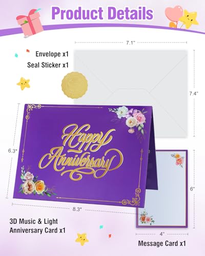 FaCraft Anniversary Card - 3D Pop Up Happy Anniversary Cards for Wife Husband, Music & Light Wedding Anniversary Card for Him Her, with Blank Insert Envelope and Seal (Roses Butterflies Theme) — view 6